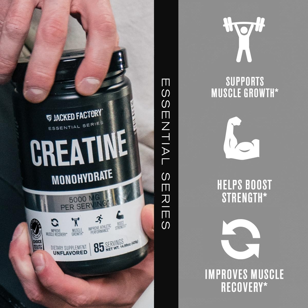 Jacked Factory Creatine Monohydrate Powder 425g - Creatine Supplement for Muscle Growth, Increased Strength, Enhanced Energy, & Improved Athletic Performance 85 Servings, Unflavored