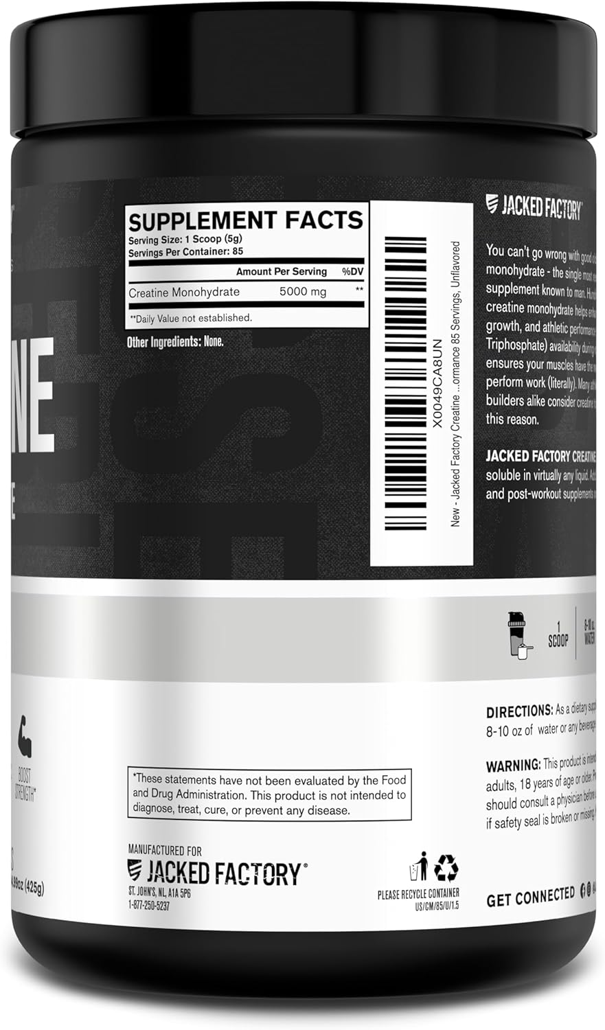 Jacked Factory Creatine Monohydrate Powder 425g - Creatine Supplement for Muscle Growth, Increased Strength, Enhanced Energy, & Improved Athletic Performance 85 Servings, Unflavored