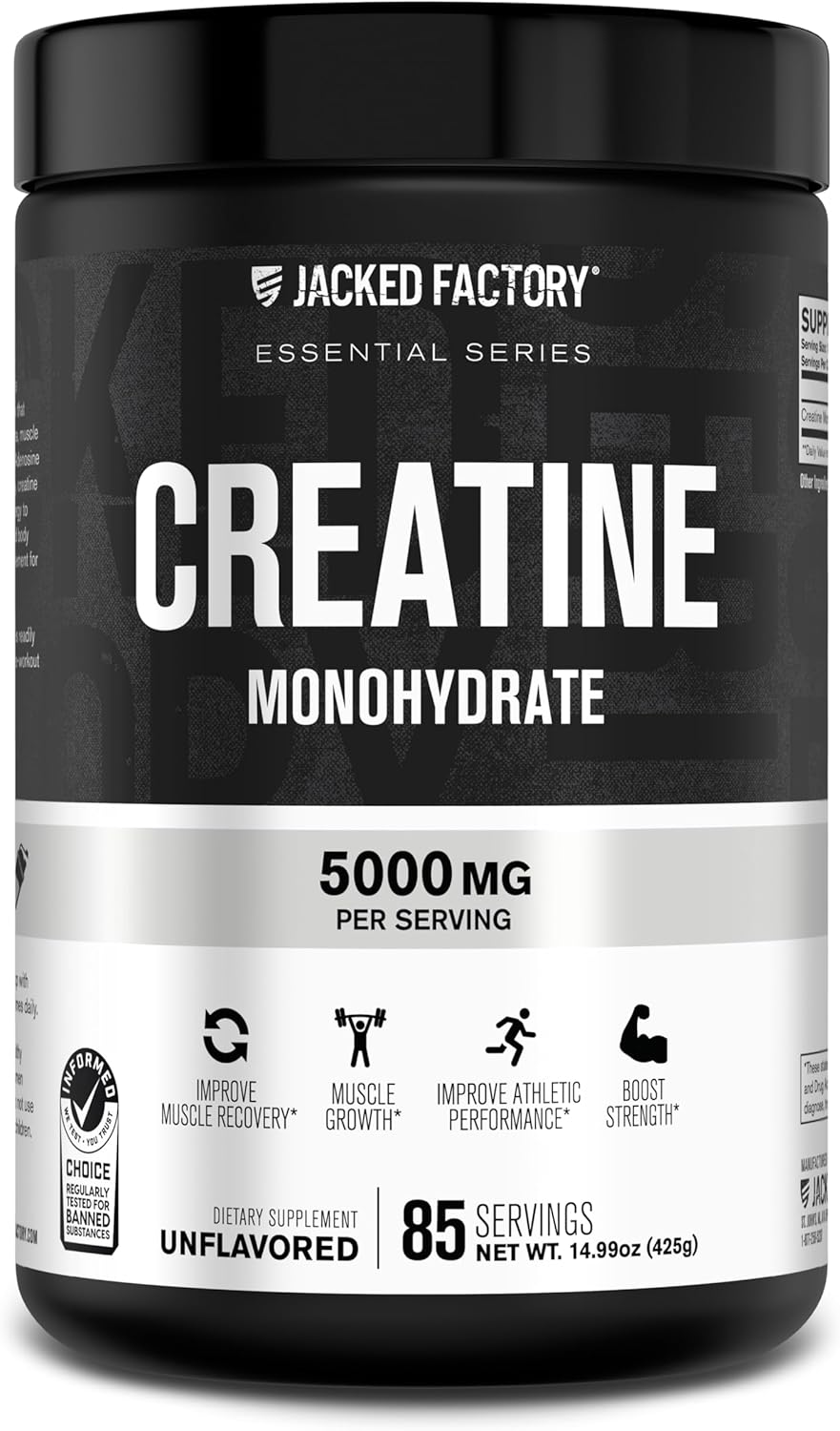Jacked Factory Creatine Monohydrate Powder 425g - Creatine Supplement for Muscle Growth, Increased Strength, Enhanced Energy, & Improved Athletic Performance 85 Servings, Unflavored