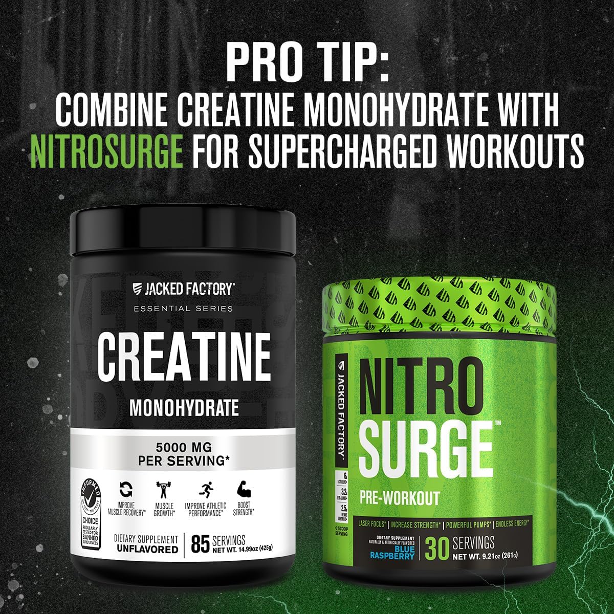 Jacked Factory Creatine Monohydrate Powder 425g - Creatine Supplement for Muscle Growth, Increased Strength, Enhanced Energy, & Improved Athletic Performance 85 Servings, Unflavored