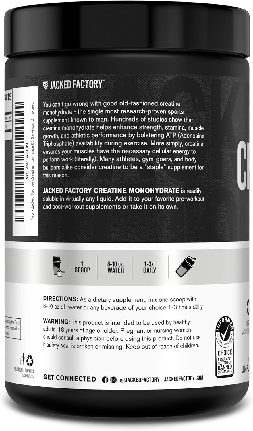 Jacked Factory Creatine Monohydrate Powder 425g - Creatine Supplement for Muscle Growth, Increased Strength, Enhanced Energy, & Improved Athletic Performance 85 Servings, Unflavored
