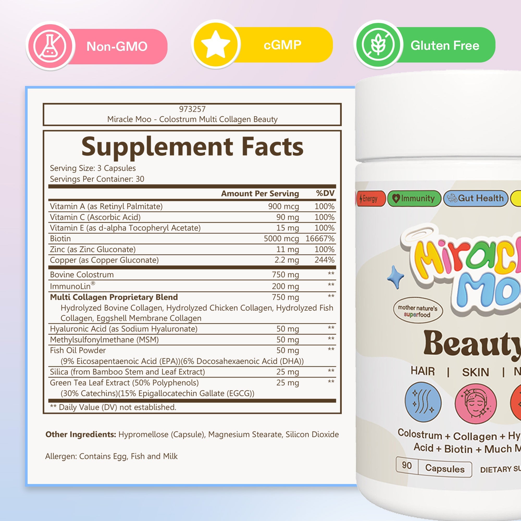 Miracle Moo Beauty | Colostrum, Collagen, Hyaluronic Acid, Biotin, MSM, Zinc, Vitamin C & E for Hair, Skin & Nail Health