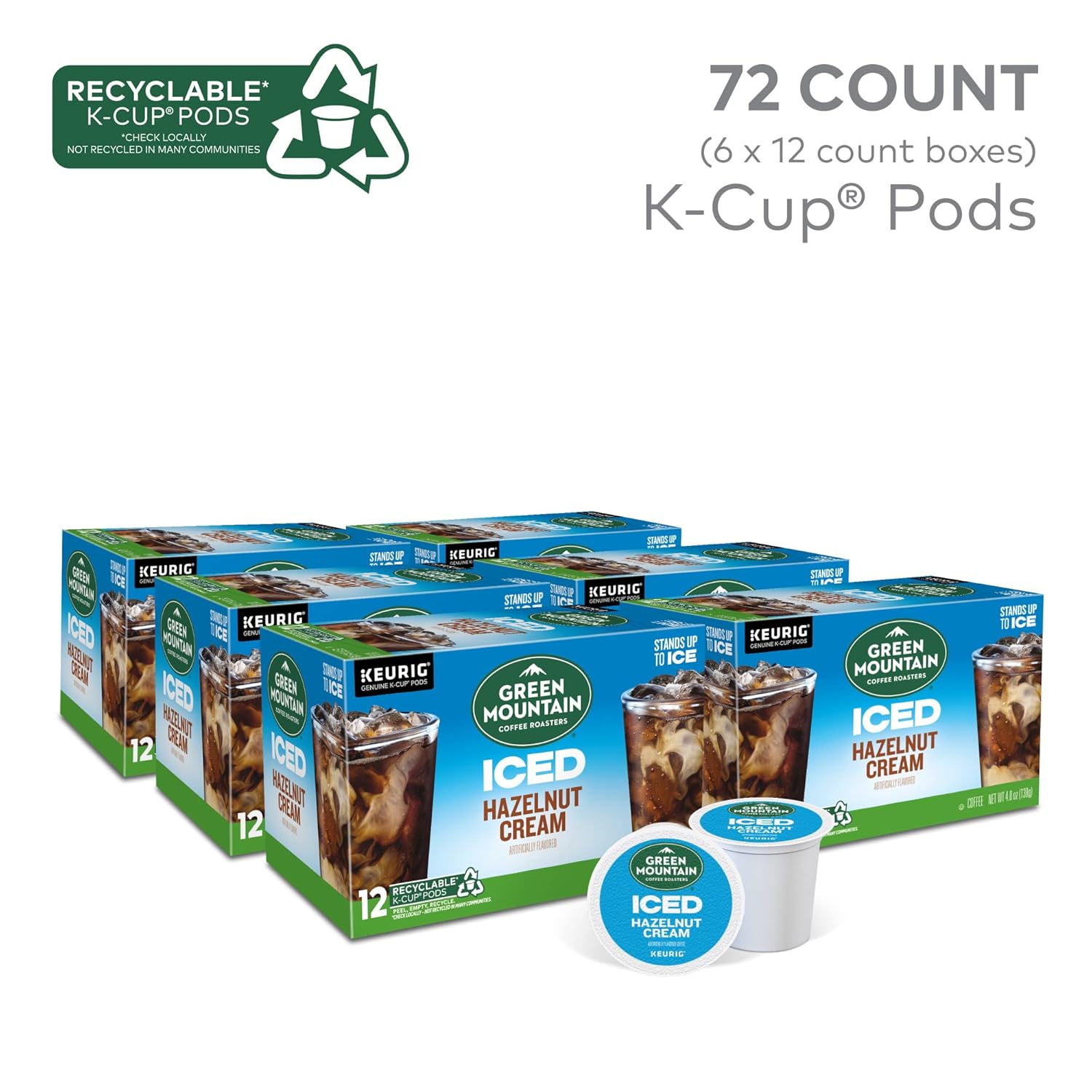 Green Mountain Coffee Roasters ICED Hazelnut Cream, Single Serve Keurig K-Cup Pods, Flavored Iced Coffee, 72 Count